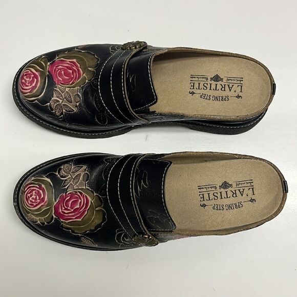 L' Artiste ComfiCute Black Floral Leather Slide Mules- Size 36 (5.5/6) - Picture 2 of 16